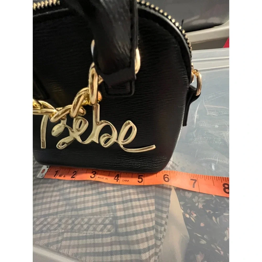 Bebe Black Mini Dome‎ Satchel Crossbody Bag Gold Logo Chain Textured Handbag